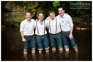 groomsmen in water paddling
