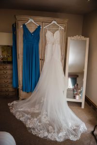bridal gown hanging up