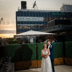 night time exposure of wedding couple