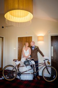wedding tandem bike with new Mr and Mrs