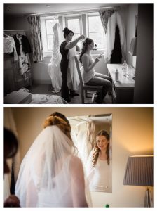 bride getting ready in hotel room silhouette pic