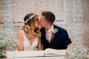 The Old Barn Esholt wedding first kiss