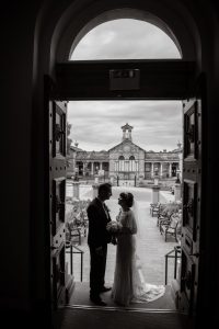 black and white showing the streets of saltaire