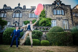 the grooms captured floating off in the garden