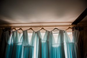 bridesmaids dresses hung up