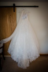 wedding dress hung up