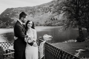 black and white landscape with newlyweds