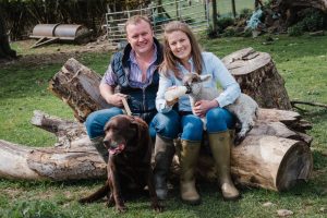 couple with dogs and lamb