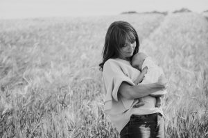 black and white portrait of mum and baby