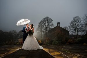 flash photo with umbrella night time shot of bride and groom