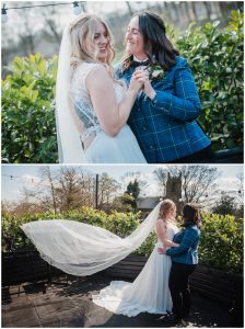 brides cuddle on the rooftop terrace