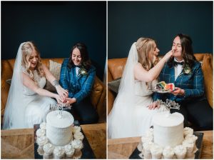 cutting the rainbow cake
