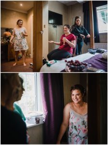 bride and bridesmaids having a laugh getting ready