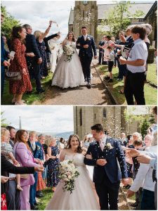 confetti being thrown on the bride and groom outside the church