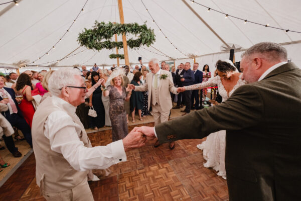 image of newlyweds dancing in a marquee with guests watching on.