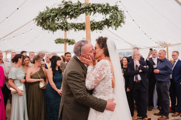 image of newlyweds dancing in a marquee with guests watching on.